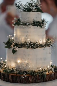 tort weselny boho z gałązkami i lampkami