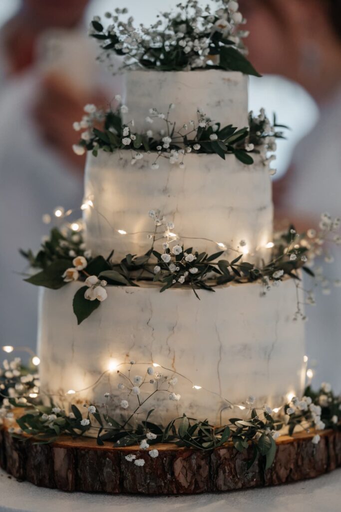 tort weselny boho z gałązkami i lampkami